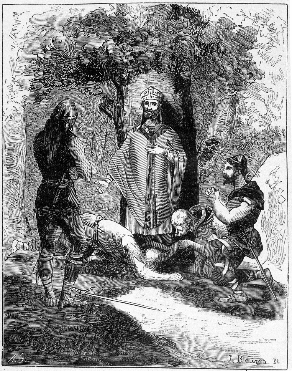 Kolme Saint Legerin teloittajaa (616-677) heittäytyi hänen jalkojensa juureen pyytääkseen anteeksiantoa. Kaiverrus 1800-luvulta. tekijältä Unknown artist