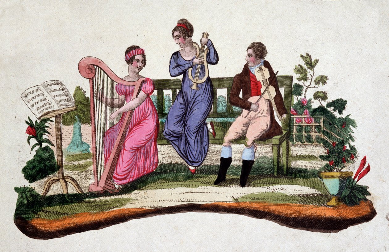Kolme ihmistä soittamassa soittimia puutarhassa: harppu, lyyra, alttoviulu. Etsaus sd. 1700-luvulta. tekijältä Unknown artist
