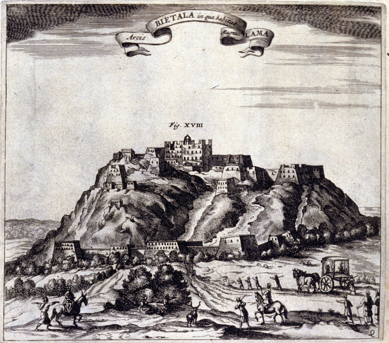 Tiibet. Näkymä Pothalaan, palatsiin tai Dalai Lamaan Lhasassa. Athanasius Kircherin (1601 - 1680), jesuiitta, orientalisti ja saksalainen tutkija, "De China Monumenta", Amsterdam 1667. tekijältä Unknown artist