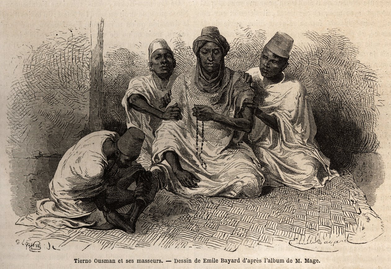 Tierno Ousman, Toucouleur-heimoon kuuluva, Guemmou Kouran (Mali) kylän päällikkö, pitelee muslimirukousta isoilla jyväillä, lausuen rukouksiaan, samalla kun hänen hierojansa hierovat hänen selkää ja jalkojaan. Kaiverrus havainnollistamaan Lieuten matkaa Lä tekijältä Unknown artist