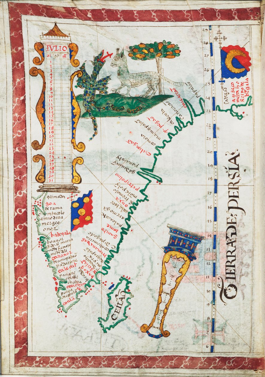 Tierra de Persia", mittakaava noin 1:13 500 000, jossa on lisäksi Etelä-Intia ja Sri Lanka, noin 1550-60 (pergamentti). tekijältä Unknown artist