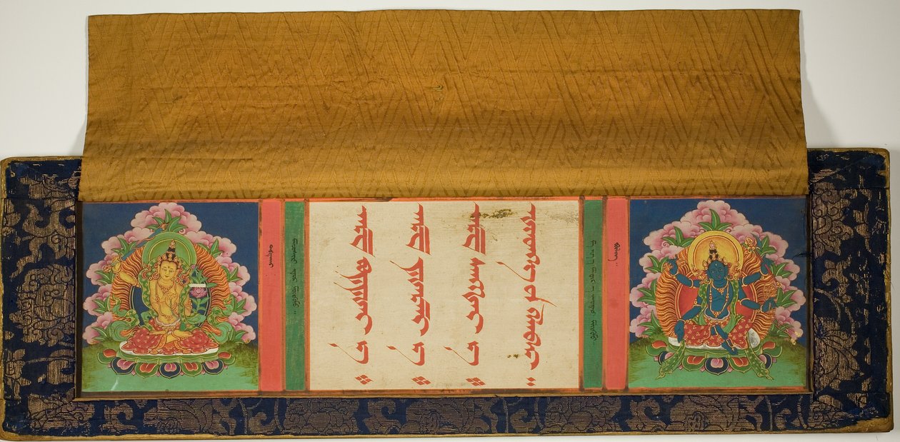 Buddhalaisen käsikirjoituksen nimiölehti ja etukansi, jossa on Manjusri (vasemmalla) ja Mantramanudharani, Pancharaksha-jumalatar (oikealla). tekijältä Unknown artist