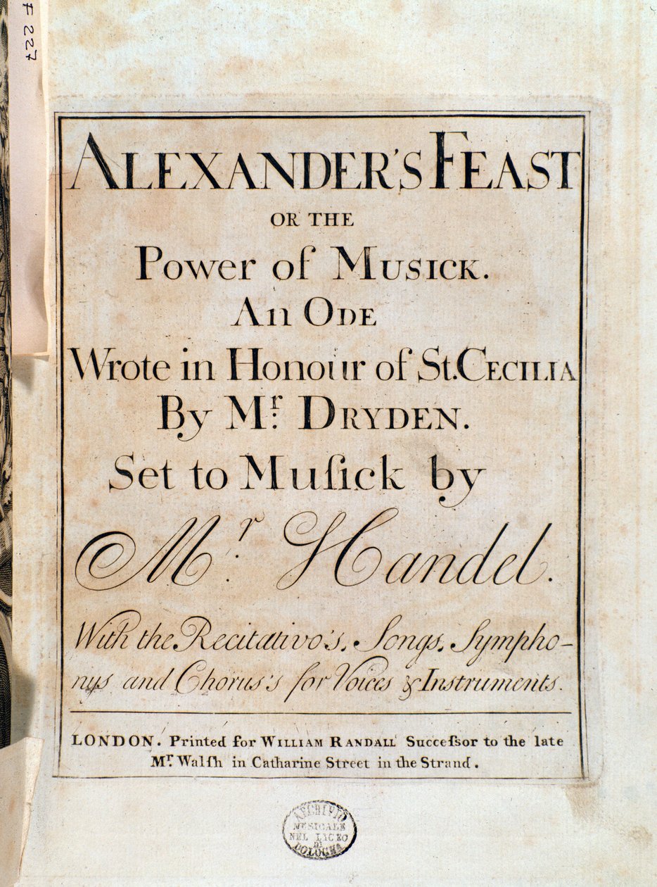 G. F. Händelin Aleksanterin juhlan musiikkipartituurin nimisivu tekijältä Unknown artist