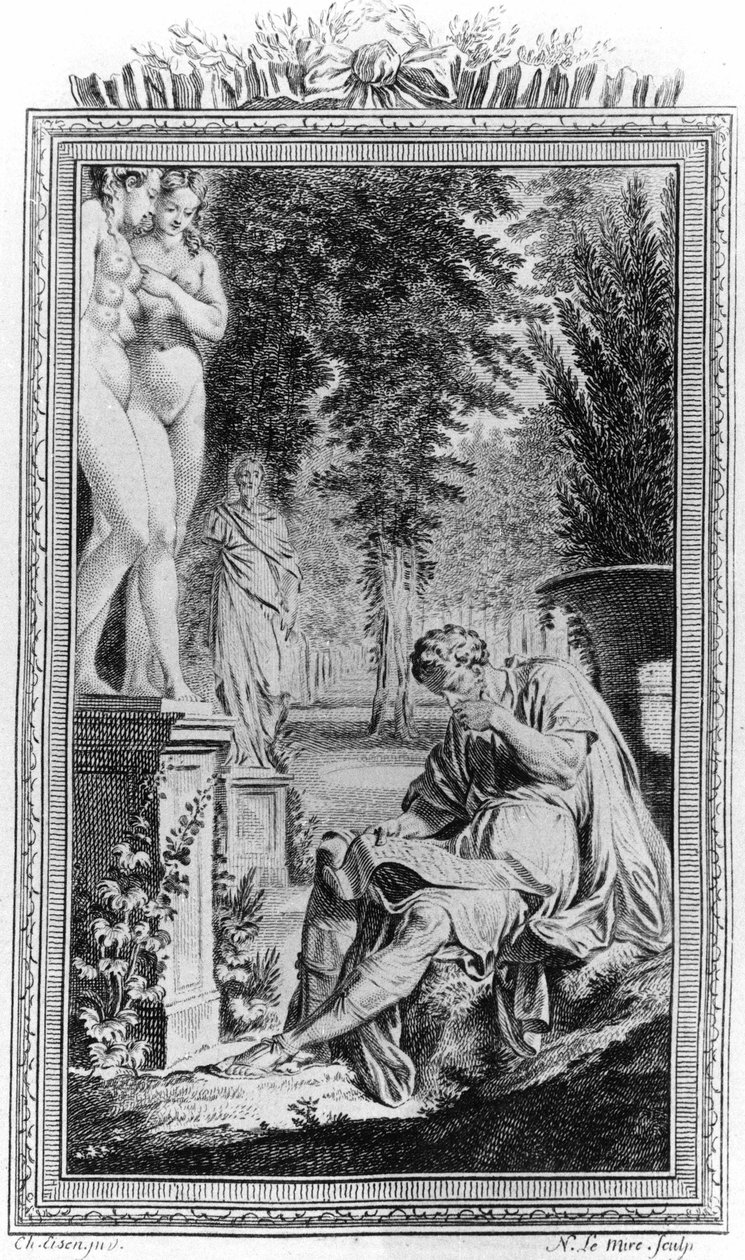 Titus Lucretius Carus (Lucrece) Roomalainen filosofi ja runoilija teoksessa "De Rerum natura", kaiverrus 1700-luvulta. tekijältä Unknown artist