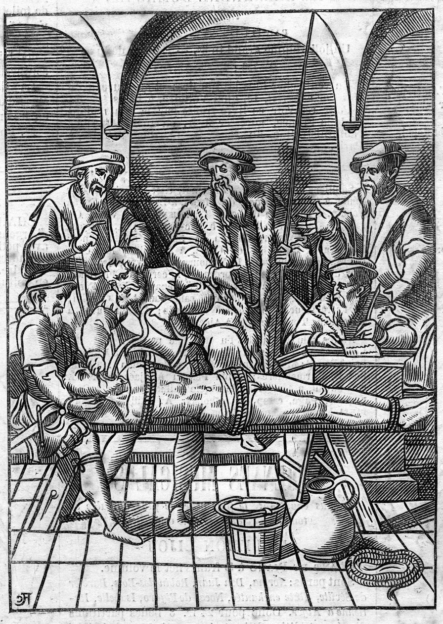 Kidutus keskiajalla: kysymys vedestä. Sido naruilla, vesi kaadetaan kankaalle, joka työnnetään kurkun pohjalle. Kaiverrus 1700-luvulta keskiajan kaiverruksen jälkeen. tekijältä Unknown artist