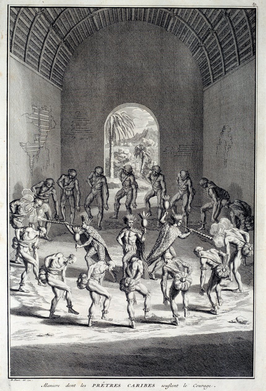 Perinteinen tanssi: Rites in the karibs dance of courage, Länsi-Intia (Keski-Amerikka). Kaiverrus 1700-luvulta. Chartres, Kuvataidemuseo tekijältä Unknown artist