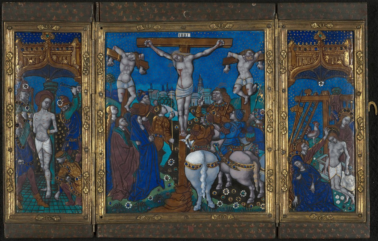 Triptyykki, jossa on Ristiinnaulitseminen, Ruoskiminen ja Hautaan hautaaminen. tekijältä Unknown artist