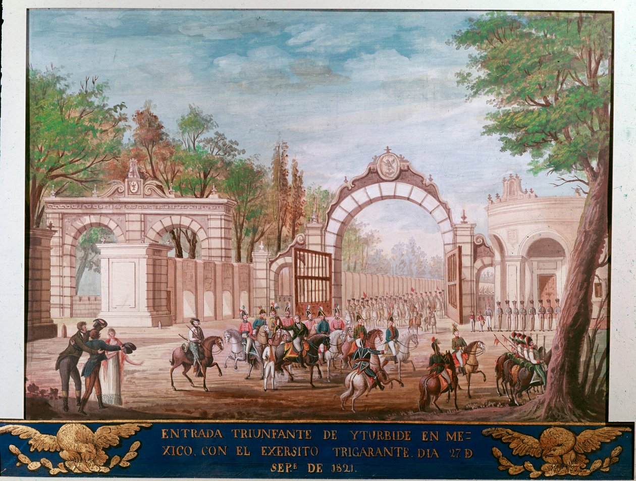 Agustin Iturbiden (1783-1824), itsenäisen Meksikon ensimmäisen keisarin, voitonsisäänkäynti Mexico Cityssä 7.9.1821 (Vapaan Meksikon ensimmäisen keisarin Agustin Iturbiden voittosisääntulo Mexico Cityssä, 7. syyskuuta tekijältä Unknown artist
