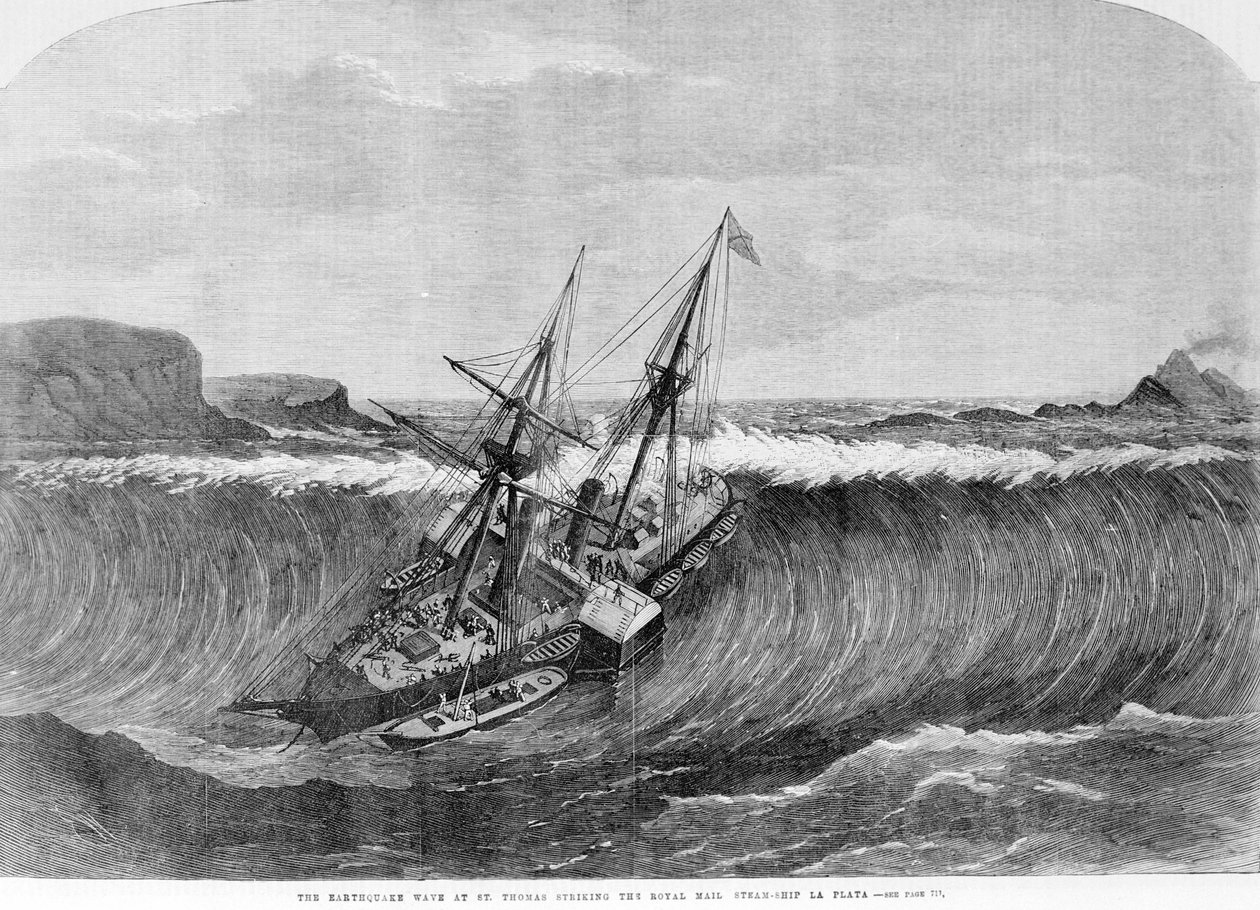 Tsunami 1867. Maanjäristys Saint Thomasissa aiheutti suuret aallot, jotka osuivat linja-autoon "La Plata"" vuonna 1867. tekijältä Unknown artist