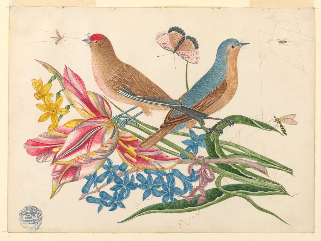 Kaksi lintua tulppaanien oksalla hyönteisten kanssa tekijältä Unknown artist