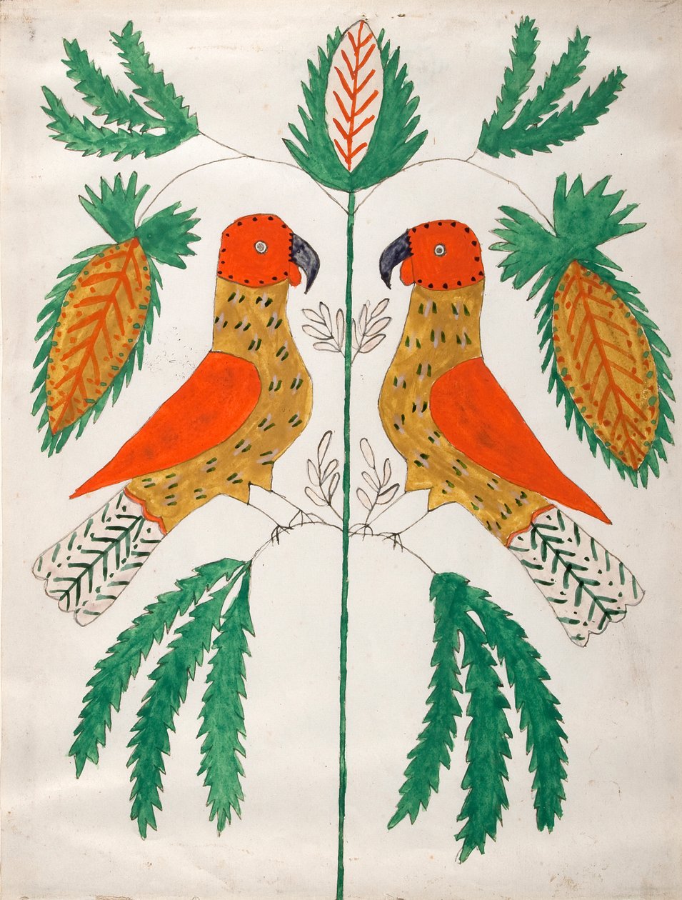 Kaksi punaista ja keltaista papukaijaa vastakkain (vihreät lehdet) tekijältä Unknown artist
