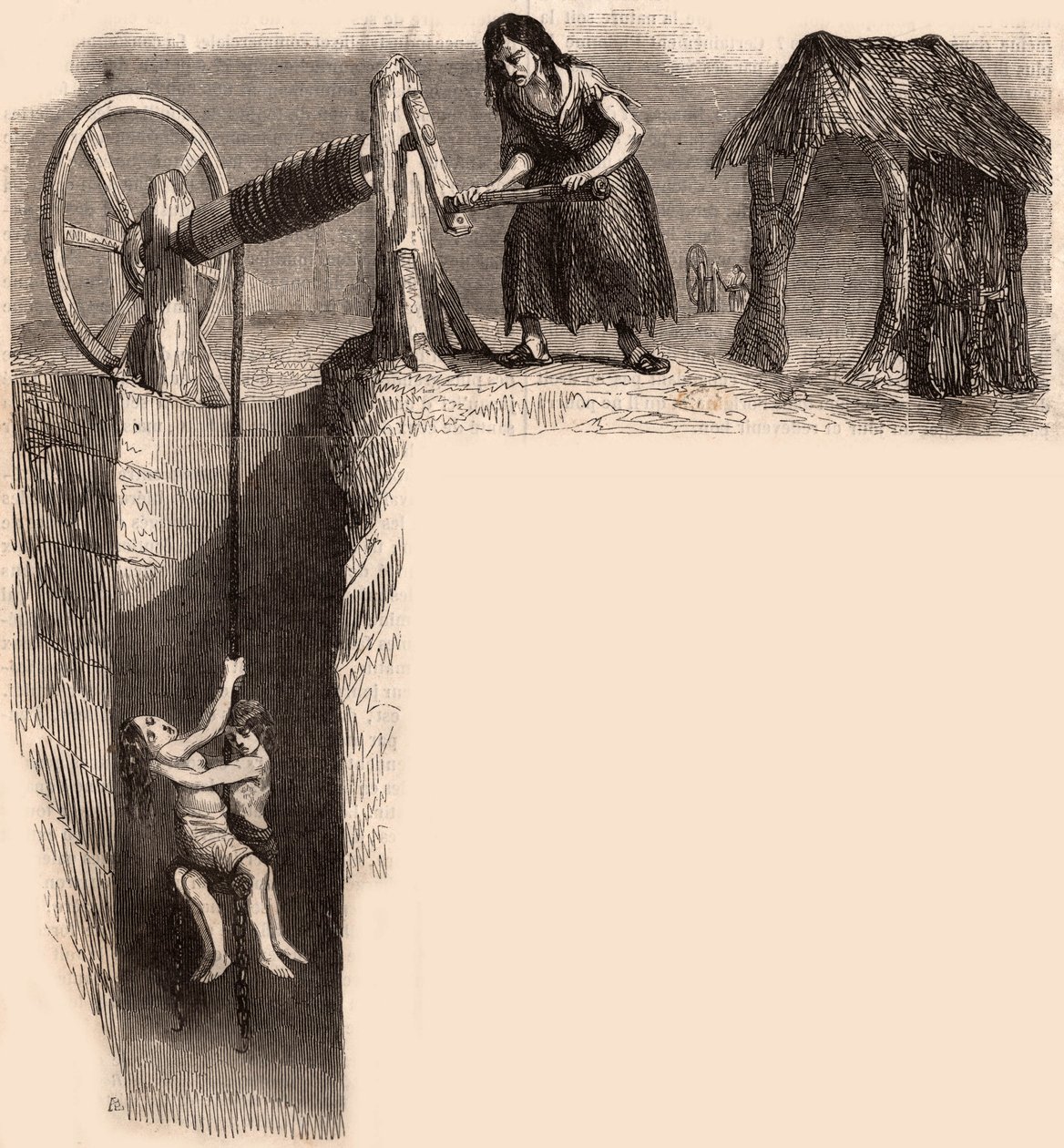 Nainen vinssi kanssa vei kaksi uupunutta lasta englantilaisesta hiilikaivoksesta (kaiverrus) tekijältä Unknown artist