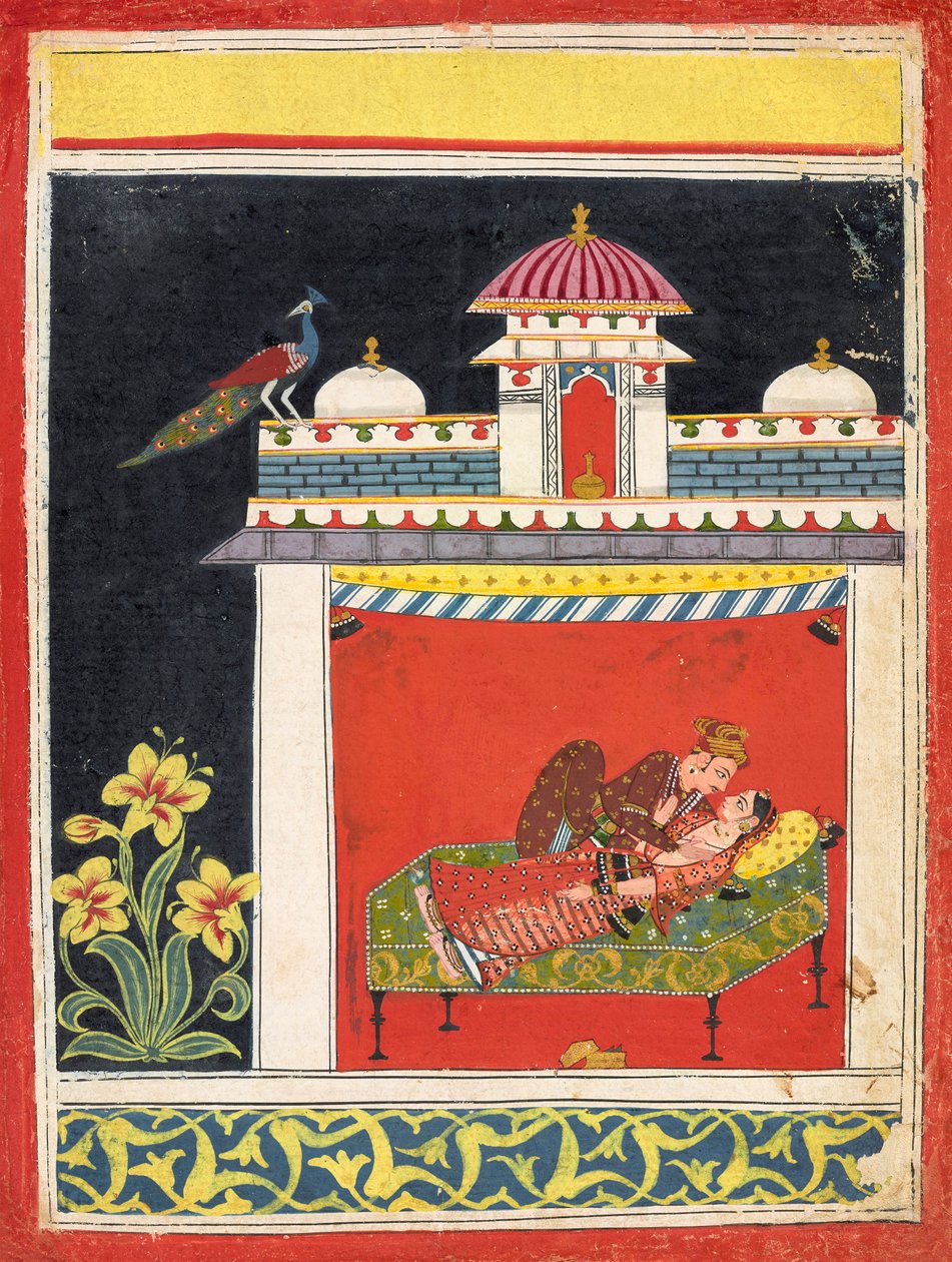Kaksi rakastajaa paviljongissa <em>Amarushatakasta</em> (Amarun sata runoa) tai tunnistamattomasta eroottisesta sarjasta tekijältä Unknown artist