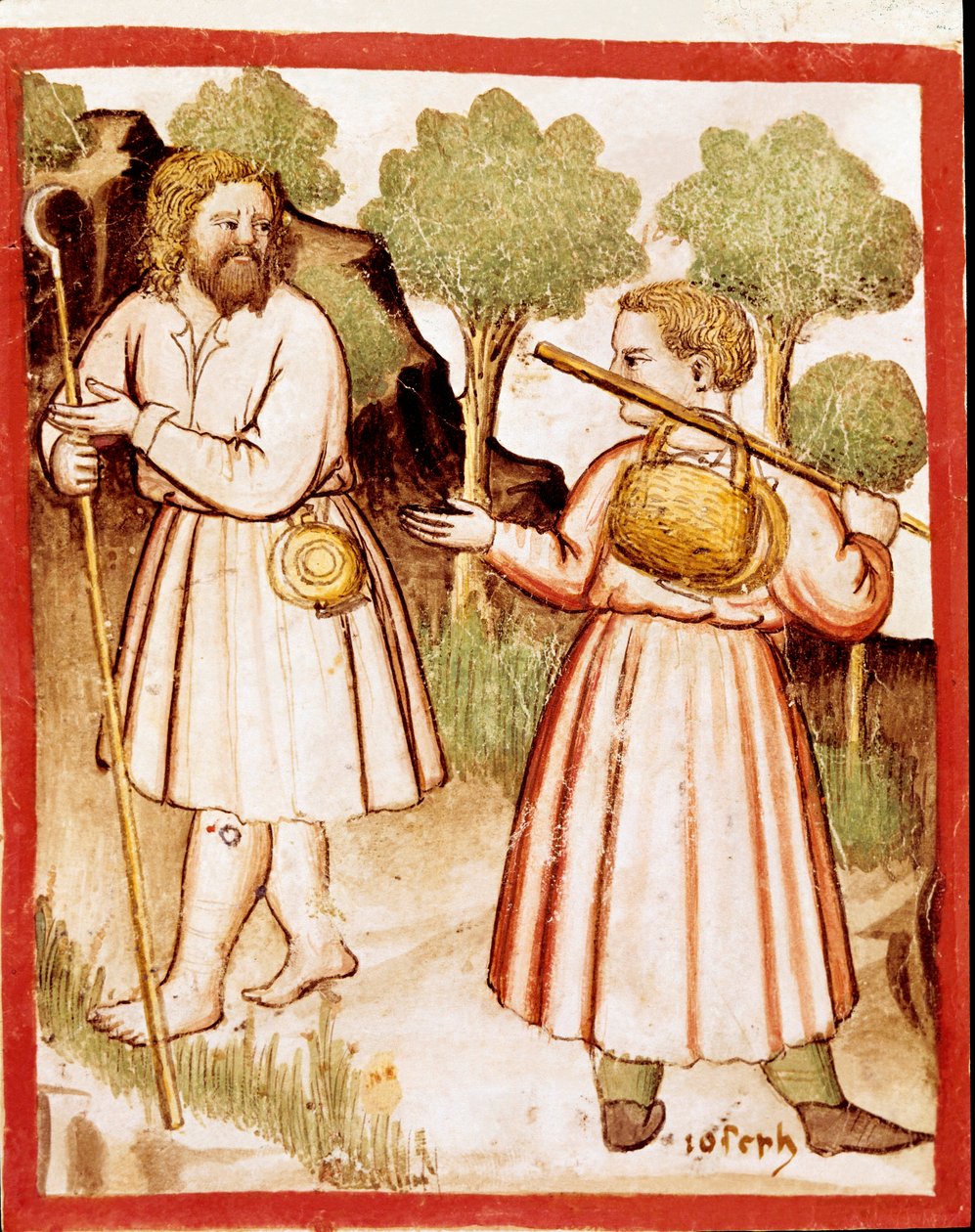 Kaksi pienoispaimenta Codex 212:sta (tai padovano codex tai Bible of Padova) 1390-1400 Rovigo, Accademia dei Concordi tekijältä Unknown artist