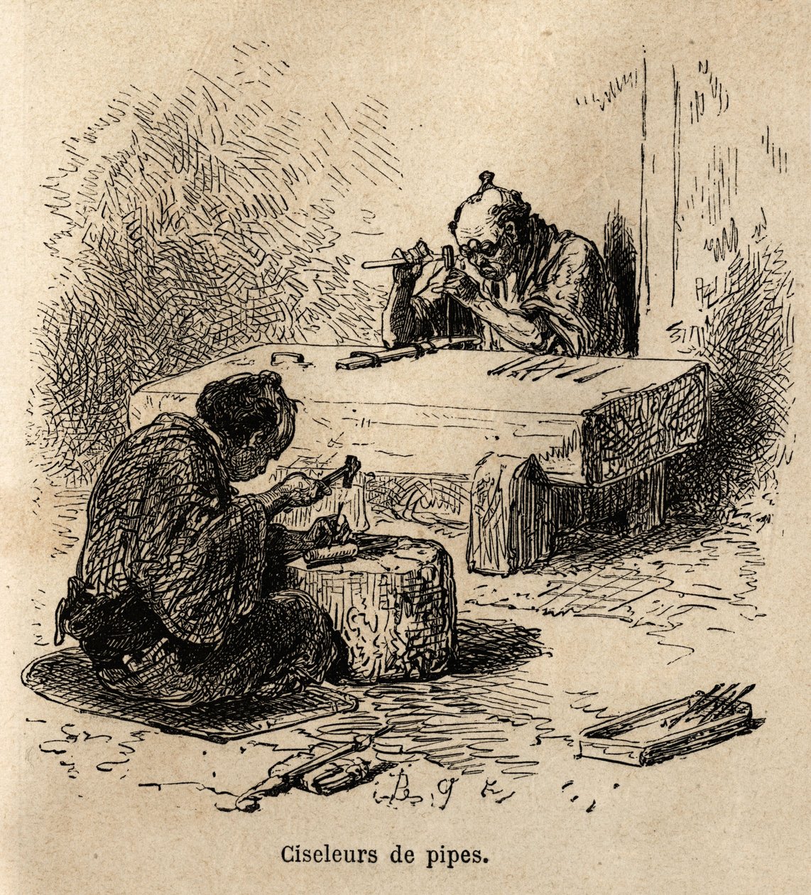 Kaksi työntekijää, molemmilla vasara ja meisti, veistävät metalliputkia työpajassaan. Kaiverrus havainnollistamaan matkaa Japaniin, Sveitsin valaliiton ministeri Aime Humbert vuosina 1863-1864, julkaistu "" le tour du monde" -lehdessä, ohjauksella tekijältä Unknown artist