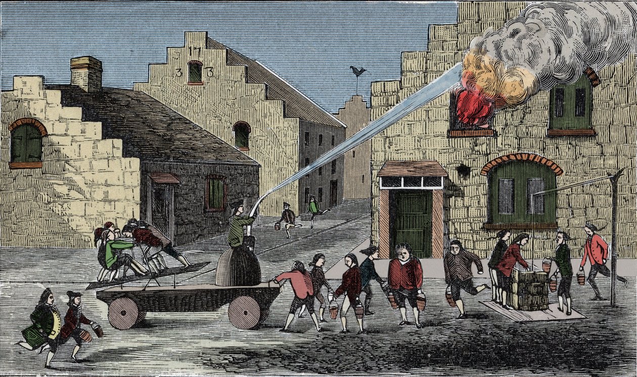 Palopumpun käyttö tulipalon sammuttamiseen. 1733 kaiverrus. tekijältä Unknown artist