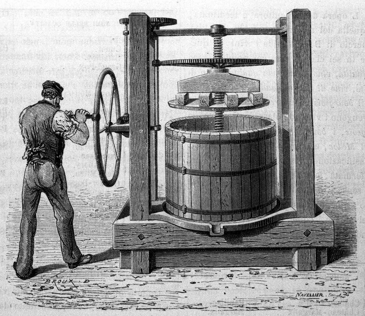 Puristimen käyttö rypäleen puristejäännöksen saamiseksi Medocissa ja Cognacissa. Kaiverrus 1800-luvun lopulta tekijältä Unknown artist