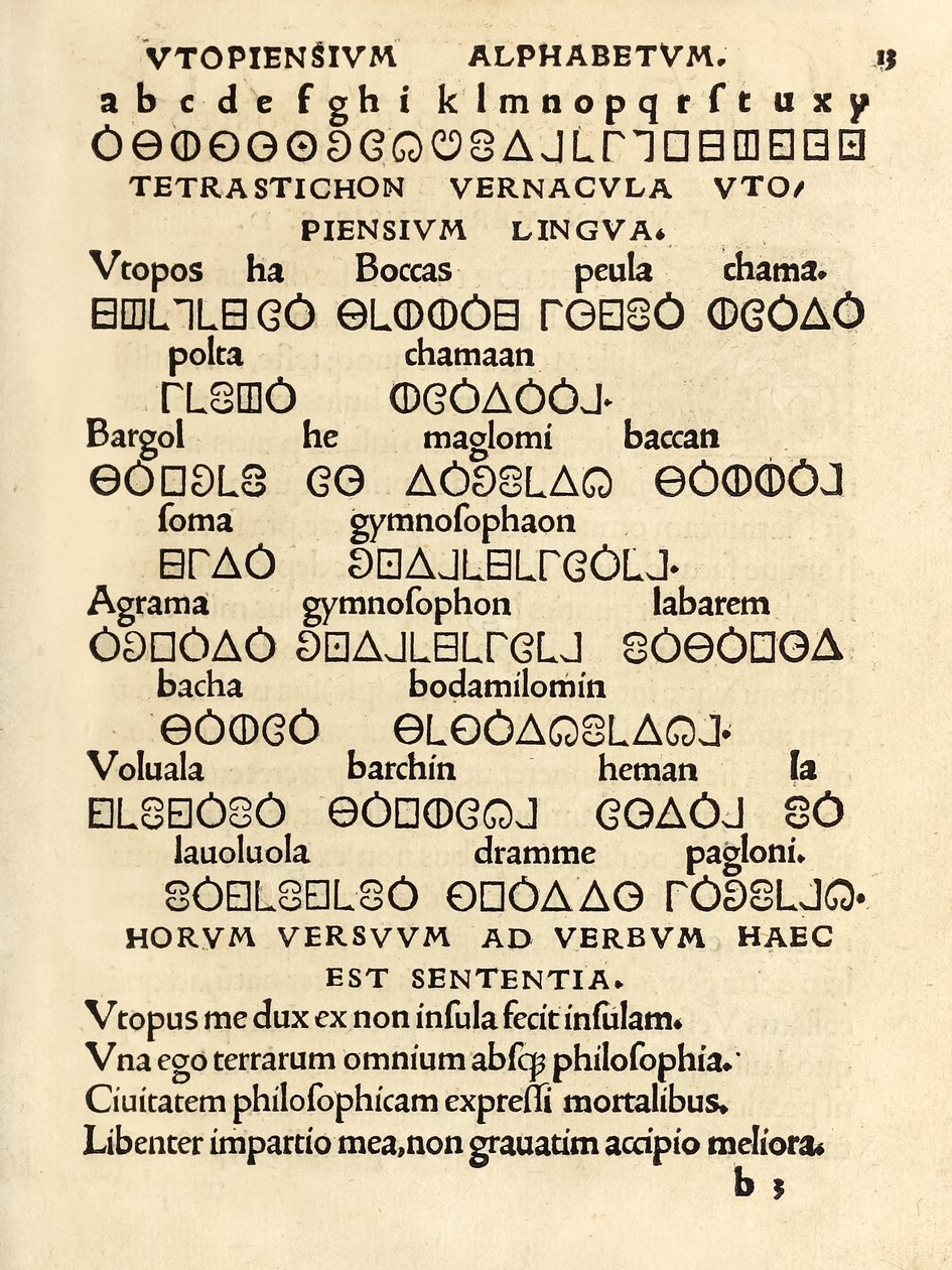 Utopiensium Alphabetum (Utopian aakkoset) Sir Thomas Moren (1478-1535) Utopian kolmannesta painoksesta vuodelta 1518. tekijältä Unknown artist