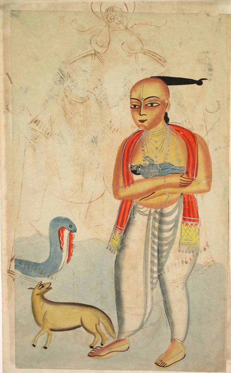 Vasudeva (Krishnan isä) pakenemassa Krishnan kanssa kohtaa kobran ja sakaalin (käänteinen) tekijältä Unknown artist