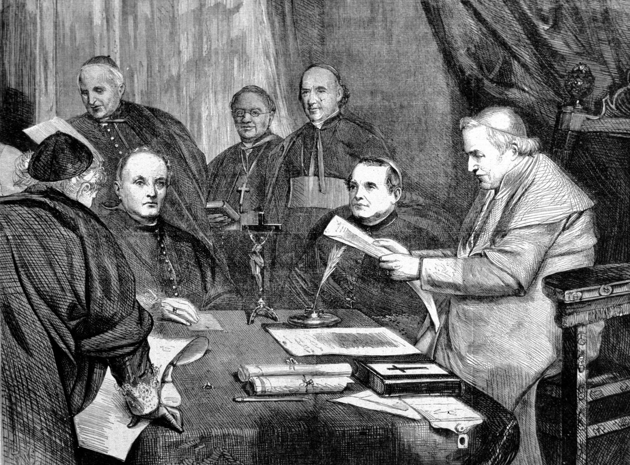 Vatikaanin kirkolliskokous I. Paavi Pius IX kirkolliskokouksen hallituksen jäsenten ympäröimänä. 1869 tekijältä Unknown artist