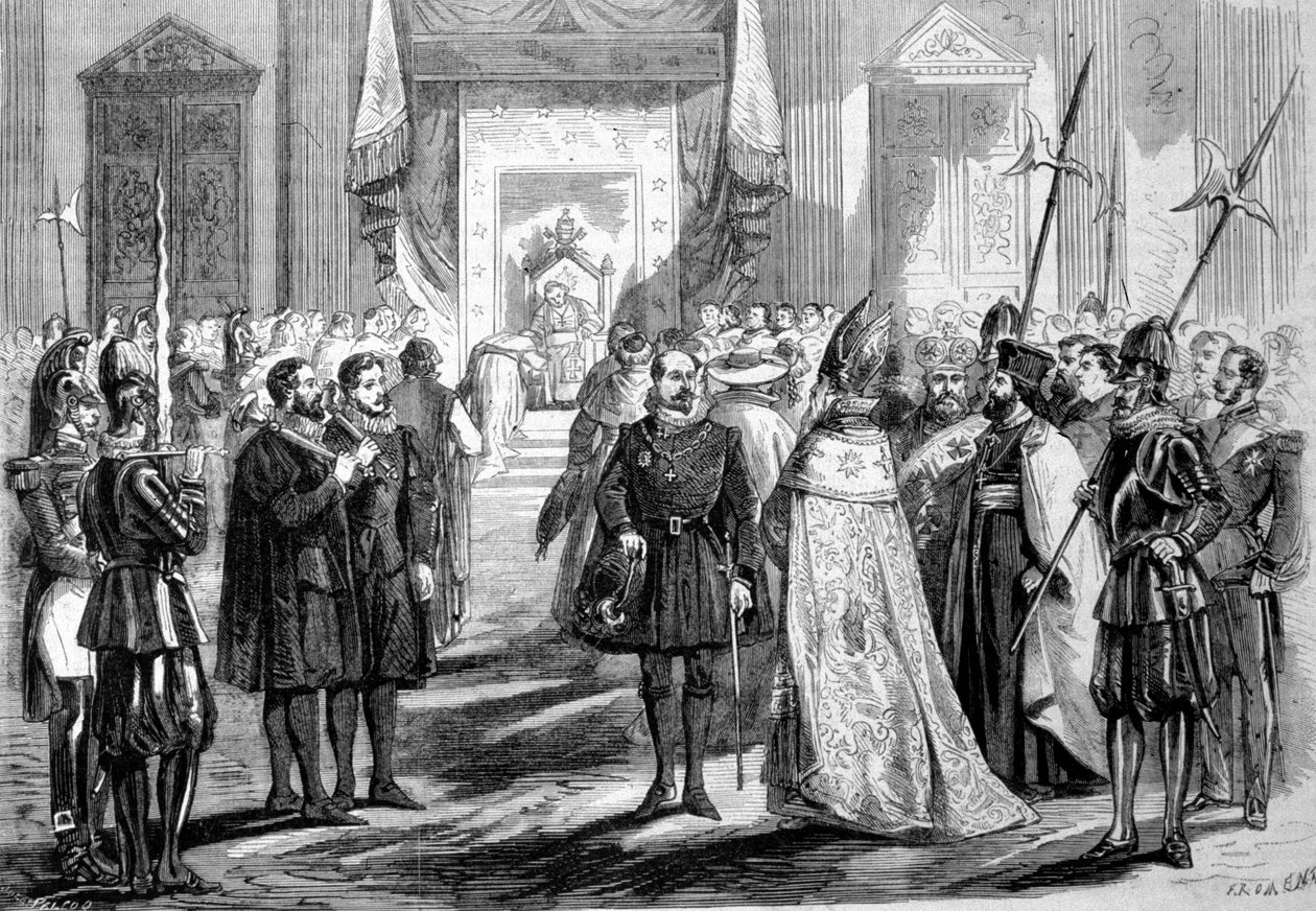 Vatikaanin kirkolliskokous I Rooma. Paavi puhuu kirkolliskokouksen isälle. 1869 tekijältä Unknown artist
