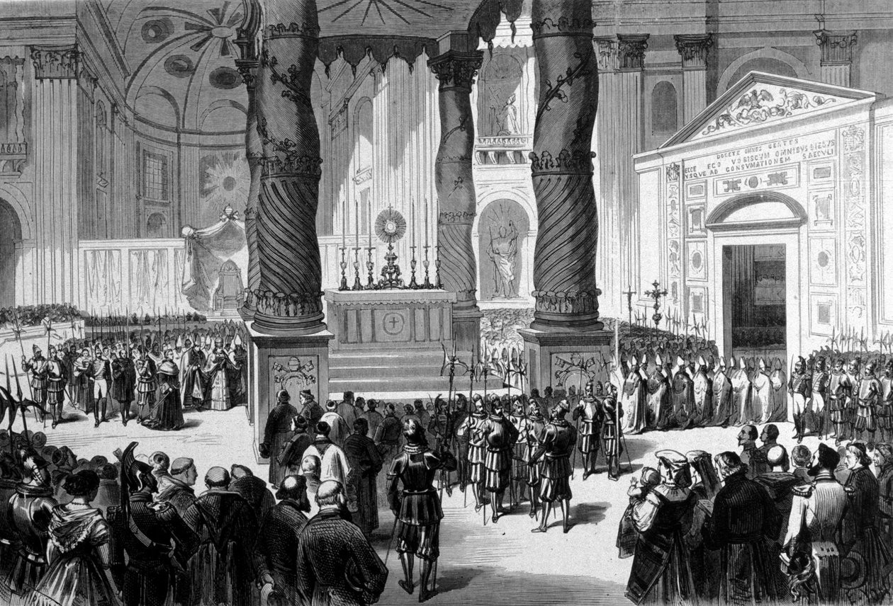 Vatikaanin kirkolliskokous I. Rooma. Prelaatit ylittävät Pyhän Pietarin kirkon kirkollishuoneeseen. 1870 tekijältä Unknown artist