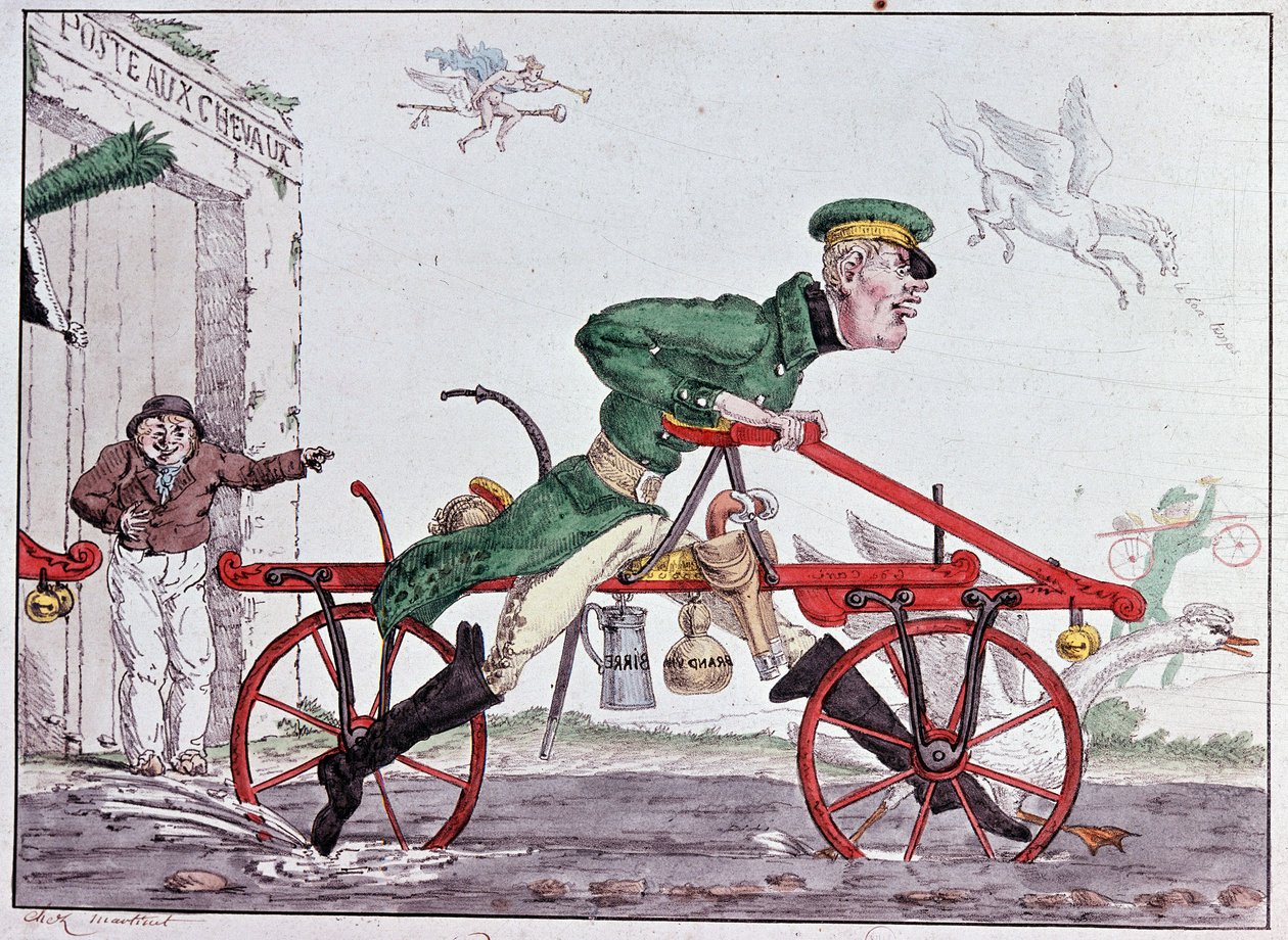 Velocipedes draisiennes - karikatyyri Baron Draisista tekijältä Unknown artist