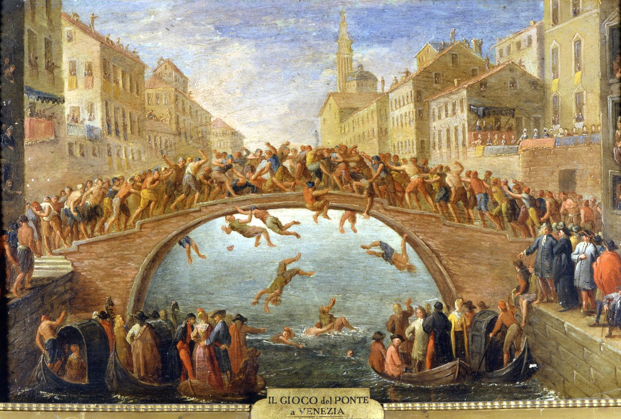 Venetsia, siltapeli. Anonyymi maalaus. 1700-luvulla. Yksityinen Coll. tekijältä Unknown artist