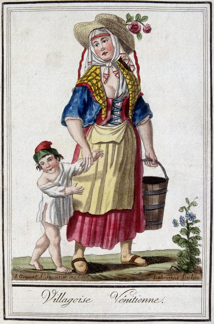 Venetsialainen kylä poikansa kanssa. 1700-luvun kaiverrus. tekijältä Unknown artist