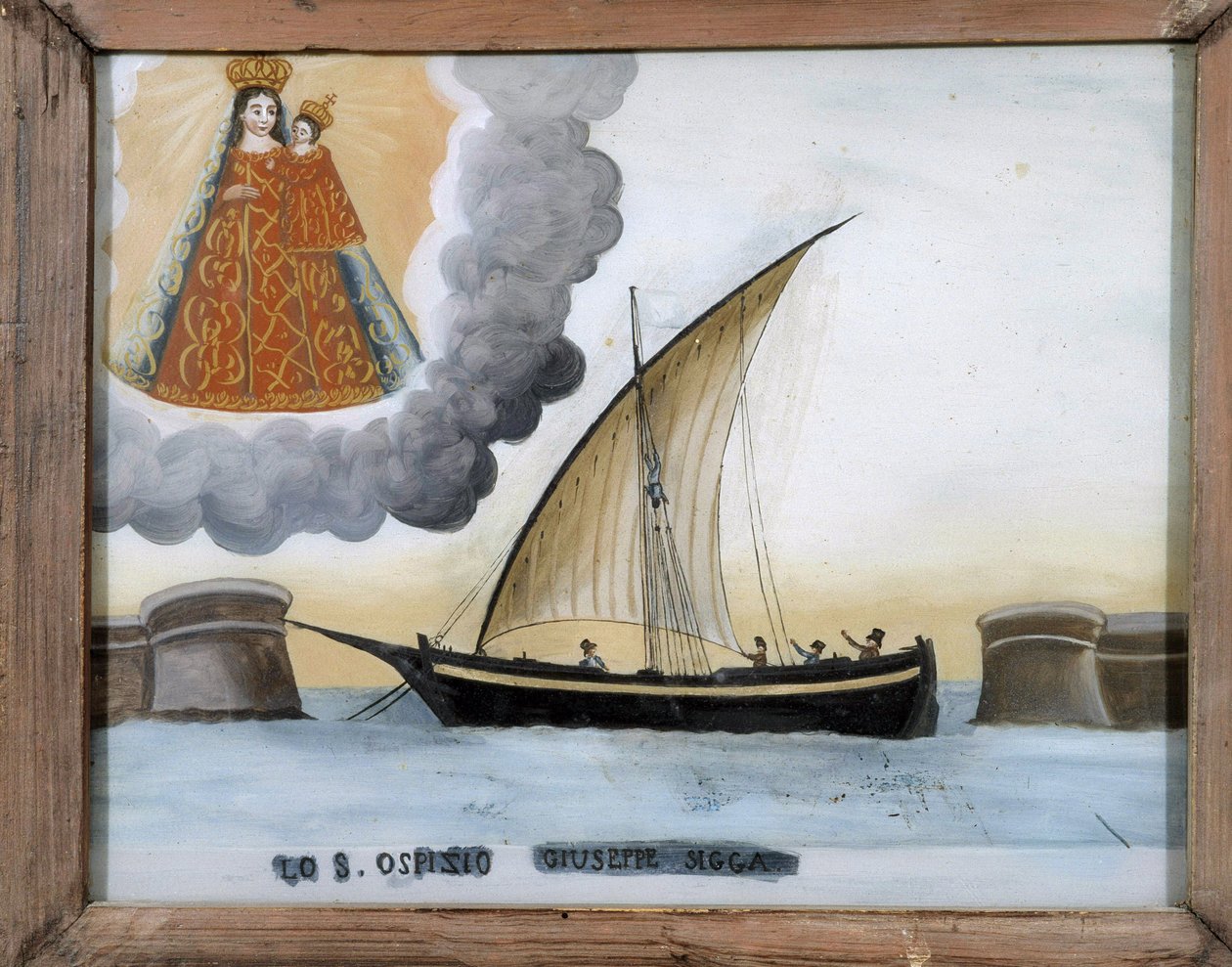 Alus vaikeuksissa - maalaus lasille, Notre Dame de Laghetin entinen voto, 25x32 cm tekijältä Unknown artist