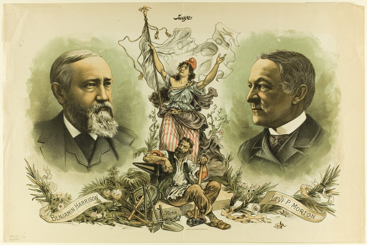 Voiton muotokuvat Benjamin Harrisonista ja Levi P. Mortonista Judgelta tekijältä Unknown artist
