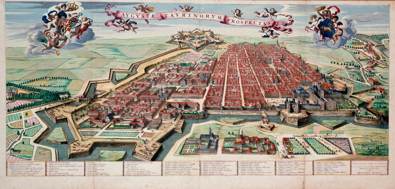 Näkymä ja kartta Torinon kaupungista (Torino piemonte) 1700 Coloree printissä. tekijältä Unknown artist