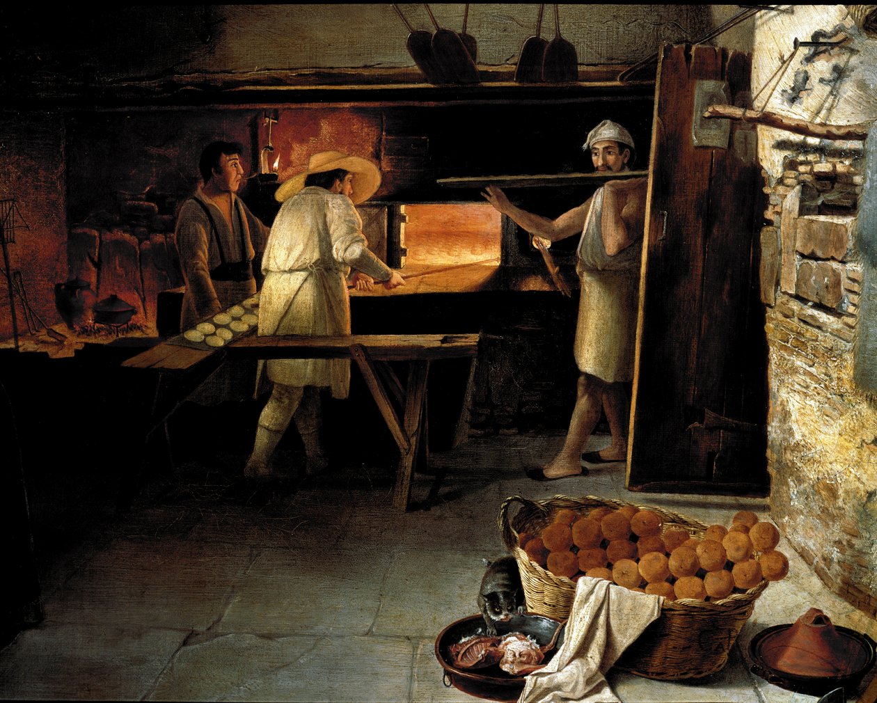 Näkymä leipomon sisältä Leipurit leipovat leipää uunissa. Anonyymi maalaus 1700-luvulta. Rooma, Museo del Folklore tekijältä Unknown artist