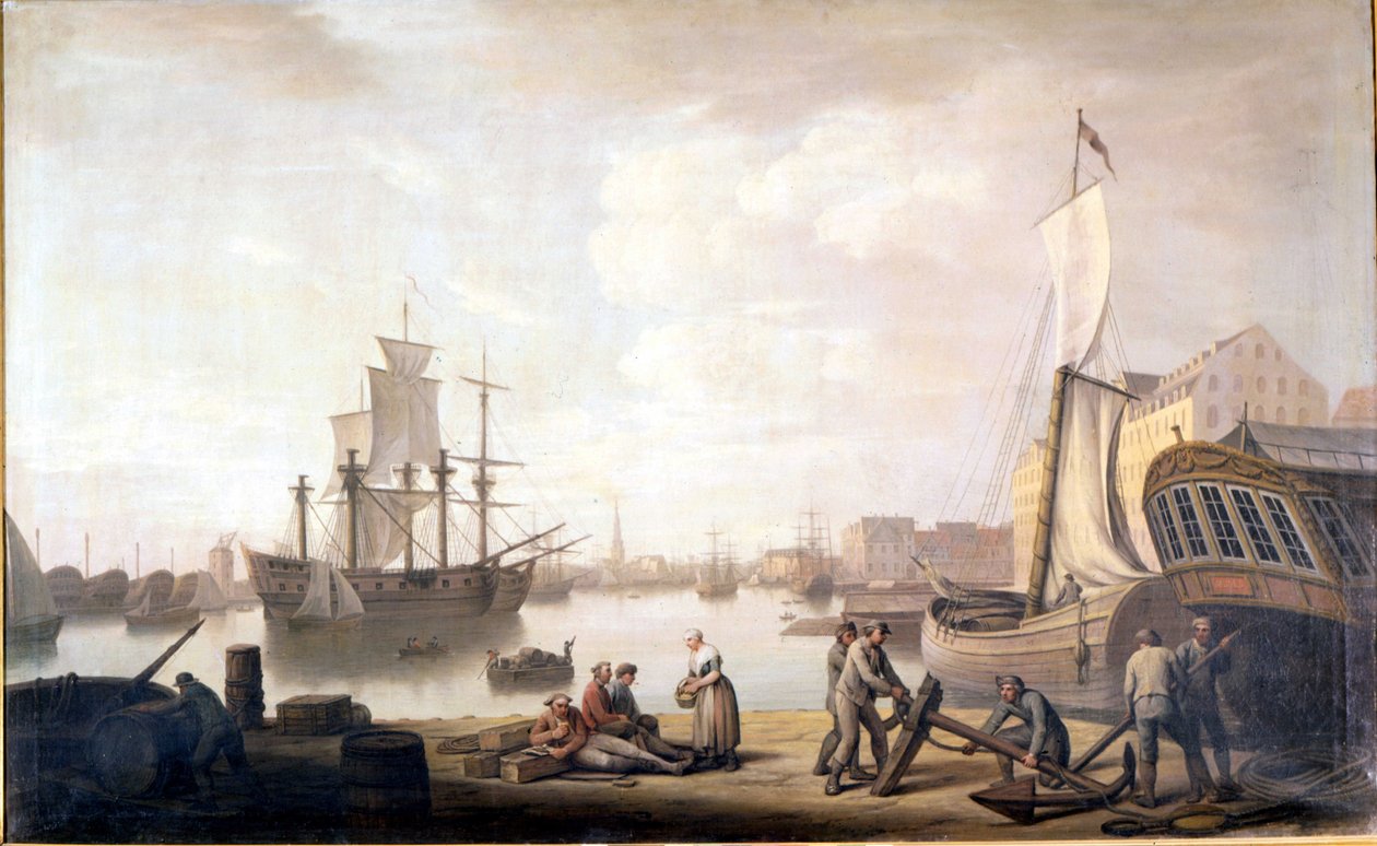 Näkymä Kööpenhaminan satamaan Tanskassa. 1700-luvun maalaus tekijältä Unknown artist