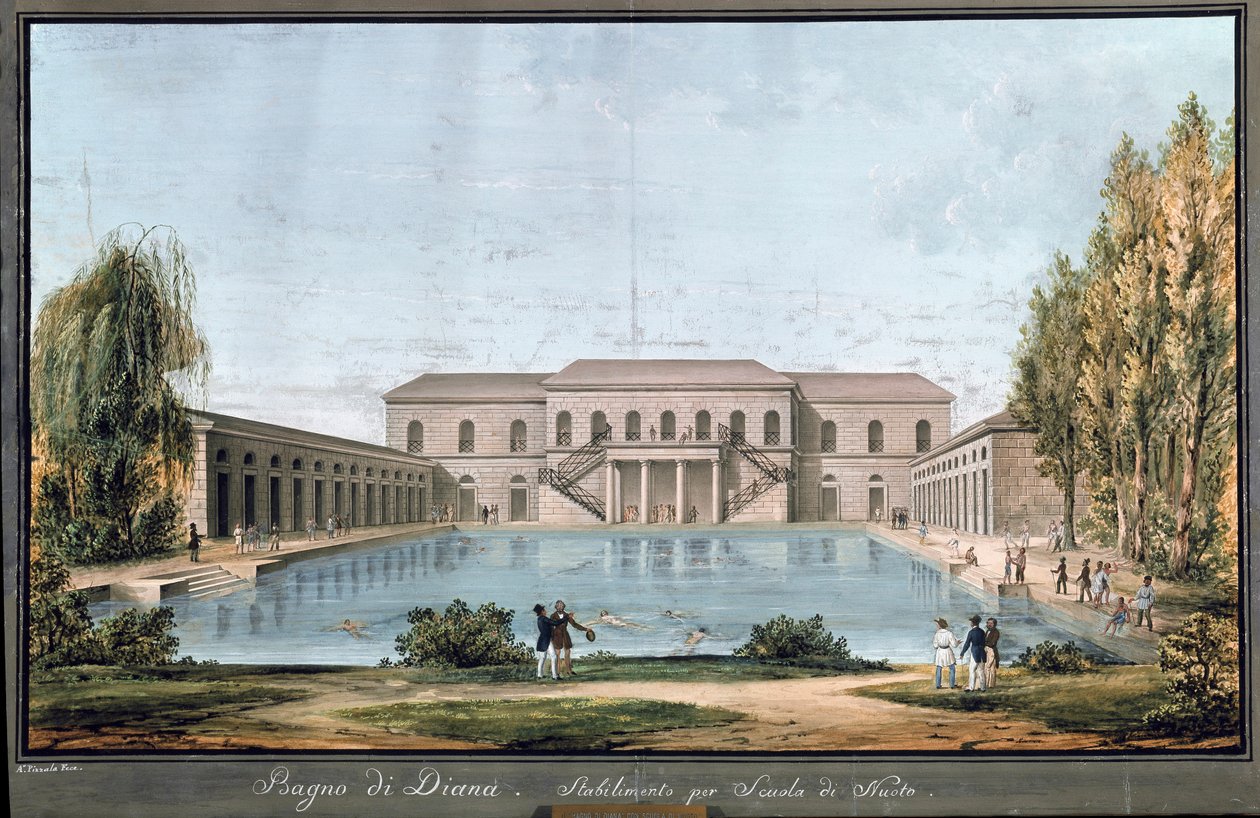 Näkymä Diana-kylpylään, ensimmäiseen italialaiseen uima-altaaseen, Milanossa (maalaus tekijältä Unknown artist