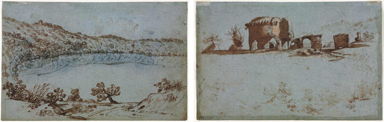 Näkymä Nemi-järvelle (recto) Pieni ryhmä roomalaisia raunioita (verso) tekijältä Unknown artist