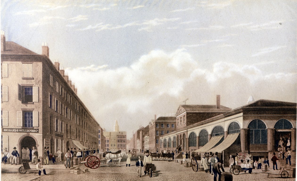 Näkymä New Yorkista: Fulton Streetin markkinat. SD-litografia noin 1800-luvun puolivälissä. tekijältä Unknown artist
