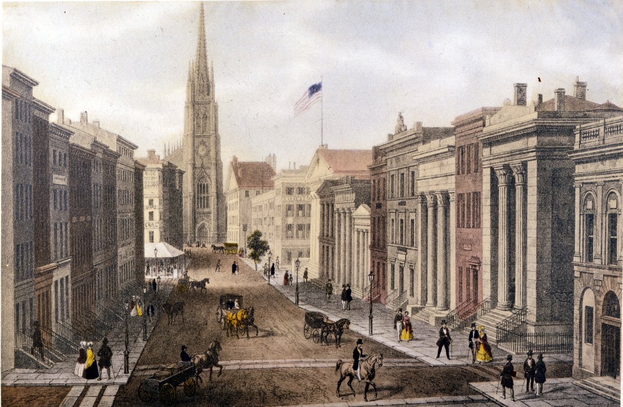 Näkymä New Yorkista: Wall Streetin näkymä William Streetille. Litografia sd. noin 1800-luvun puolivälissä. tekijältä Unknown artist