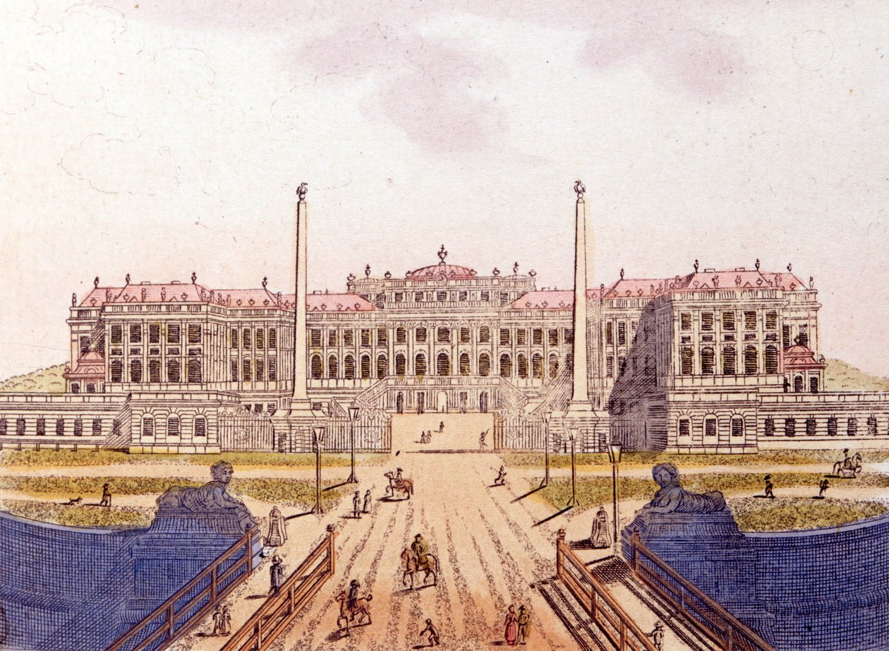 Näkymä Schonbrunnin linnalle, Itävallan keisarillisen perheen entiselle asuinpaikalle, Wien, Itävalta, kaiverrus vuodelta 1820 tekijältä Unknown artist