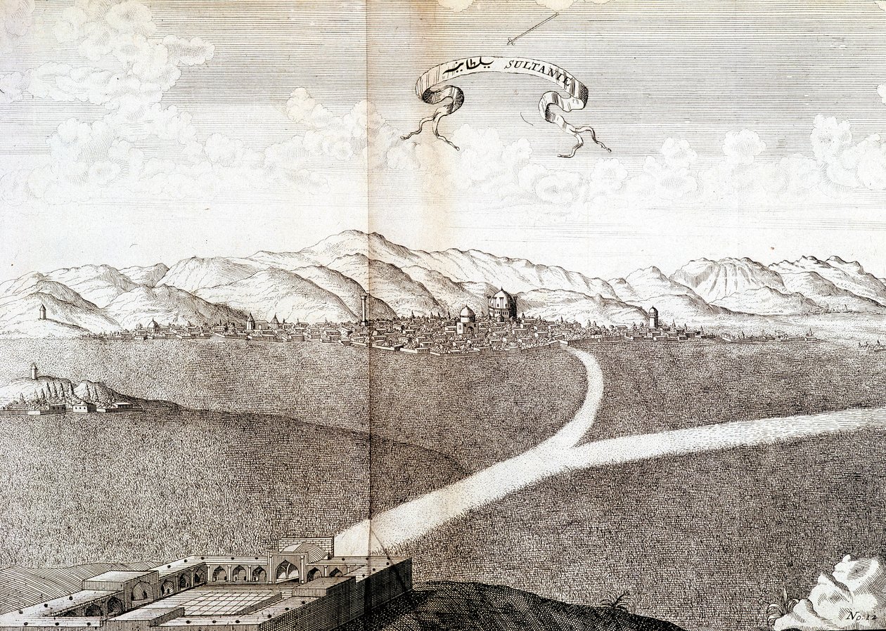 Näkymä Sultaniesta - "" Chardinin ritarimatkan lehdessä, Persiassa ja Itä-Intiassa, Mustanmeren ja Colchiden rannalla""" tekijältä Unknown artist