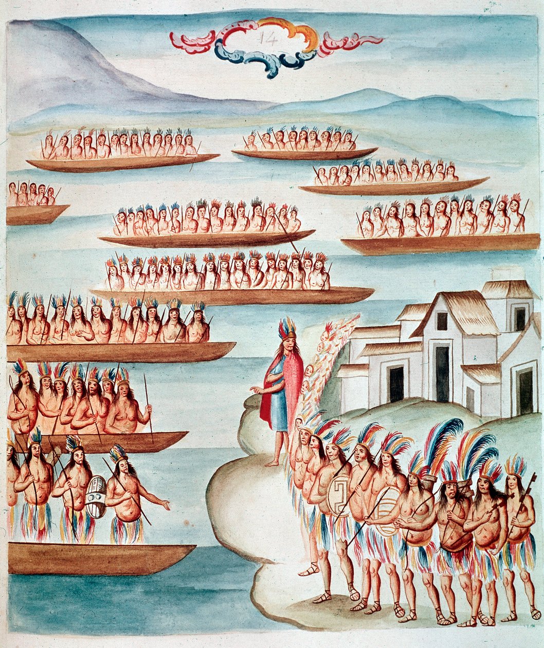 Näkymä Tlatelolcolle laguunin ympäröimänä, Meksiko (akvarelli, n. 1770-1780) tekijältä Unknown artist