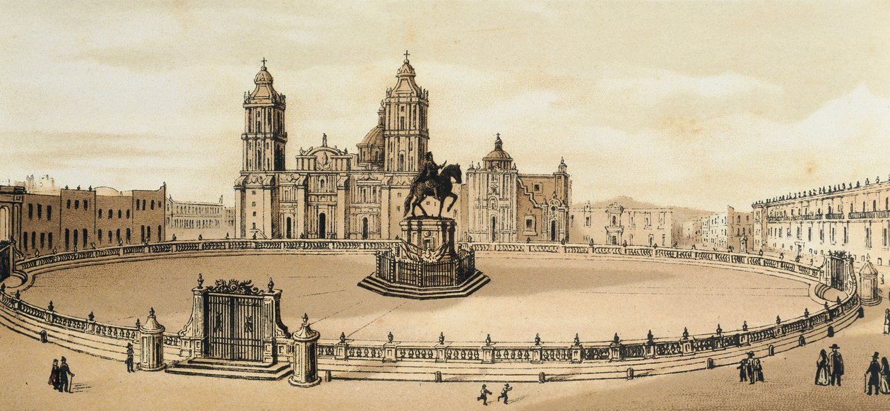 Näkymä Zocalo-aukiolle ja katedraalille Mexico Cityssä, Meksiko 1800-luvun lopun litografia tekijältä Unknown artist