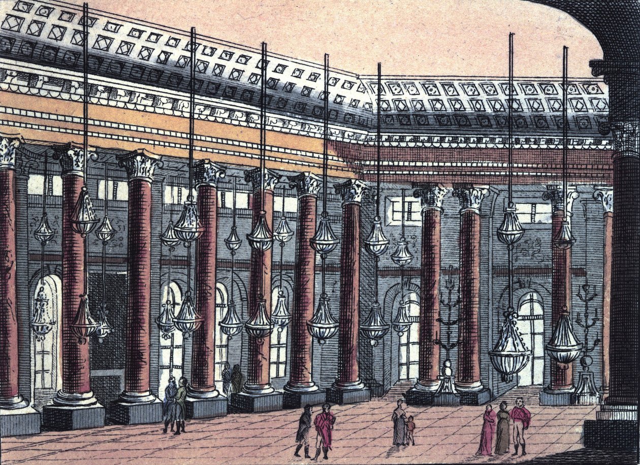 Näkymä Schonbrunnin linnan, Itävallan keisarillisen perheen entisen asuinpaikan, juhlasalista, kaiverrus vuodelta 1820 tekijältä Unknown artist