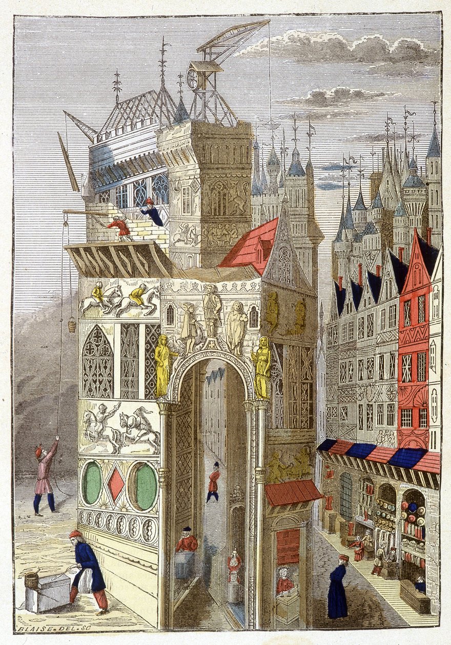 Näkymä 1400-luvun rue de Paris -kadulle, jossa on ristikkorakenteisia taloja ja rakenteilla oleva kirkko. tekijältä Unknown artist