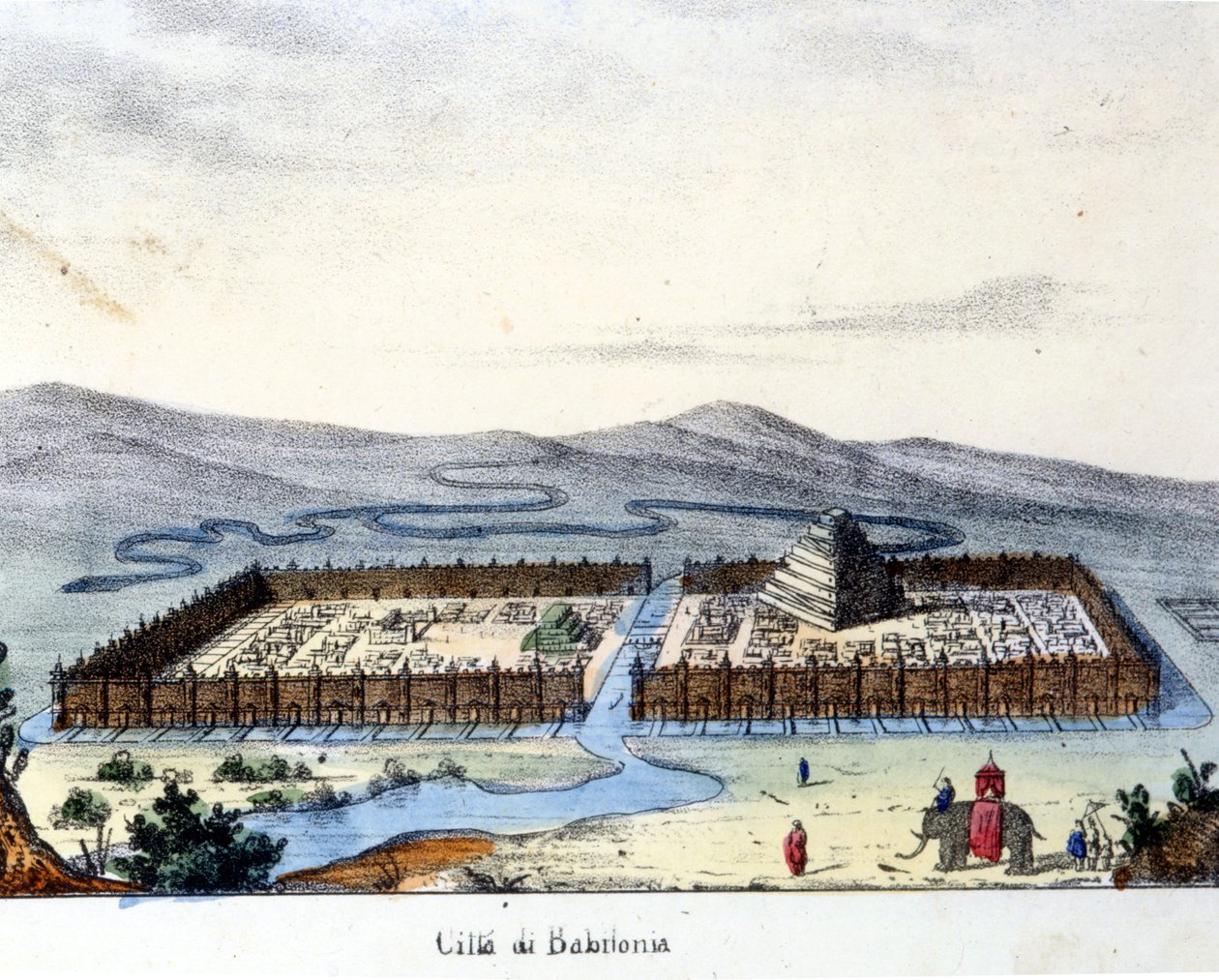 Näkymä muinaiseen Babyloniin: keskellä temppeli ja riippuvat puutarhat. Polttava sd. 1800-luvun alku. tekijältä Unknown artist