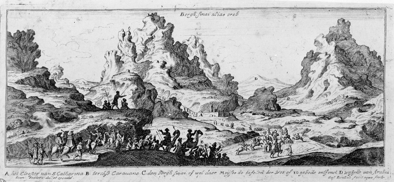 Näkymä asuntovaunuista Siinain autiomaassa. 1700-luvun kaiverrus. tekijältä Unknown artist