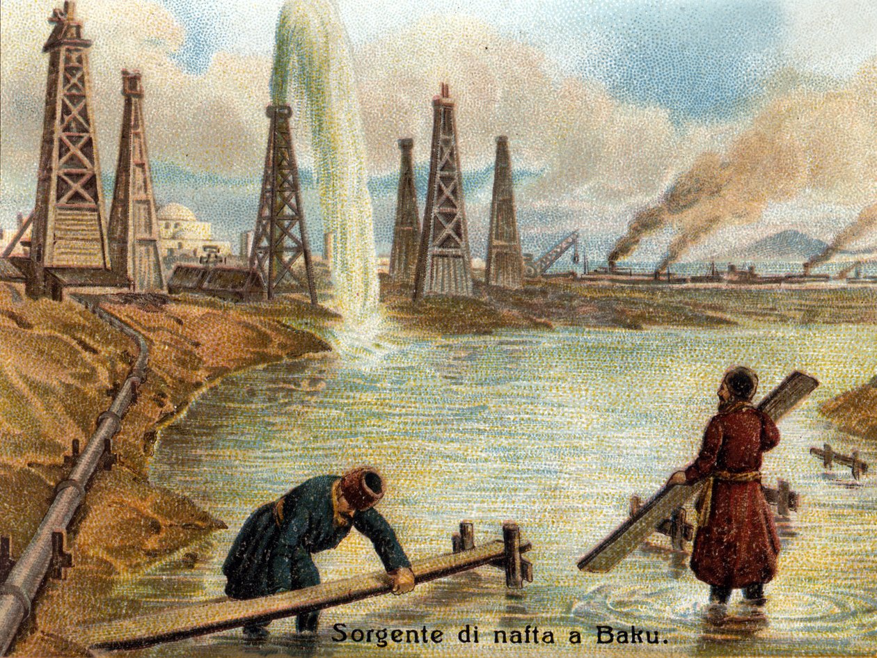 Näkymä öljylähteistä Bakussa, Azerbaidžanissa. kromolitografia noin vuodelta 1890. tekijältä Unknown artist