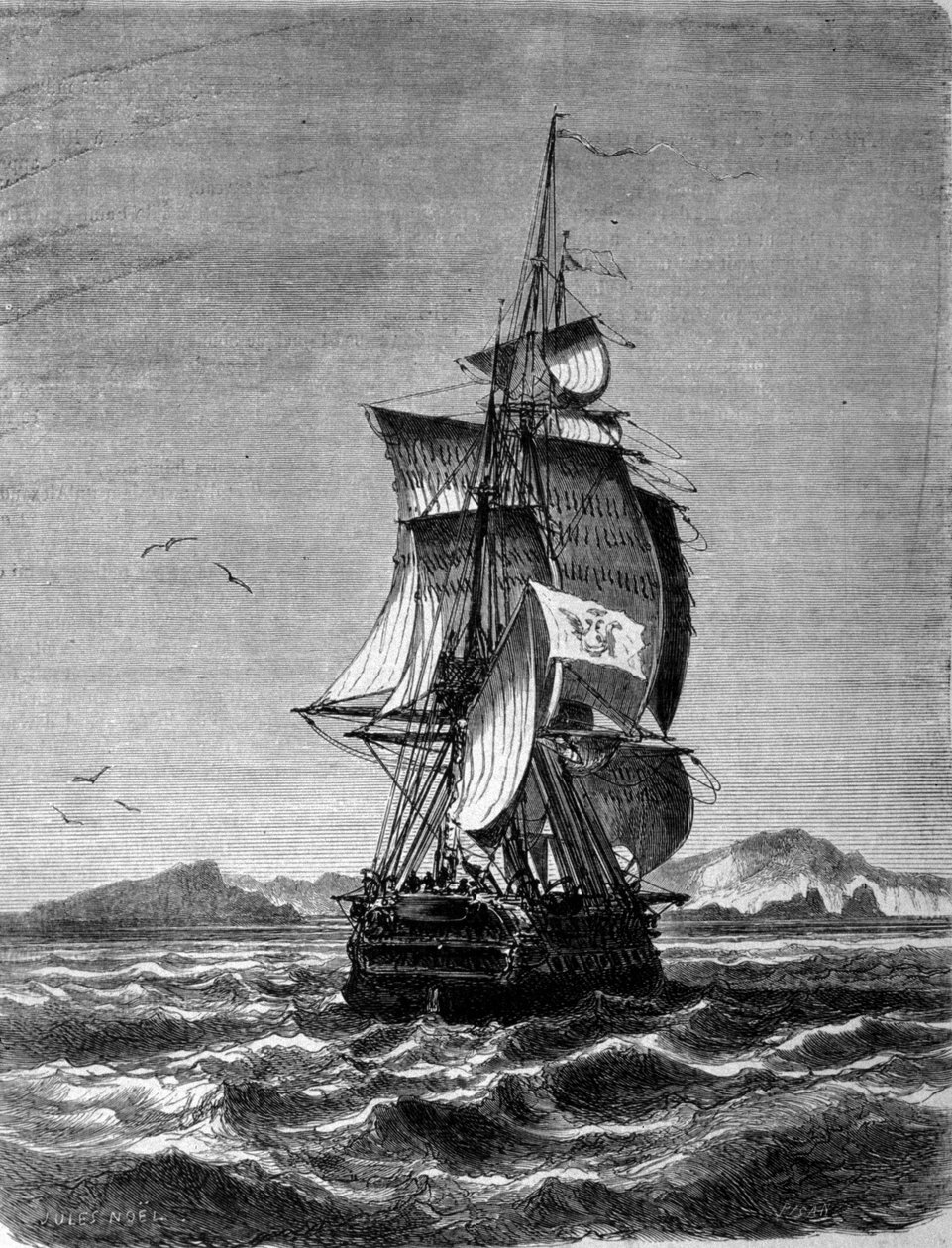 Näkymä itävaltalaisesta fregatti Novarasta St. Paulin saaren edessä Intian valtamerellä vuonna 1857. Kaiverrus 1800-luvulta tekijältä Unknown artist