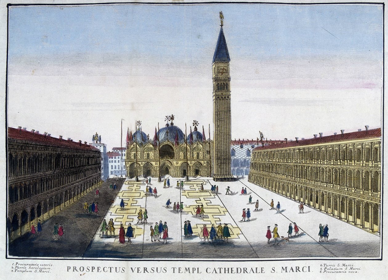 Näkymä basilikalle ja Campanilelle Pyhän Markuksen aukiolta (San Marco) Venetsiassa, Italiassa. Kaiverrus 1700-luvulta. tekijältä Unknown artist