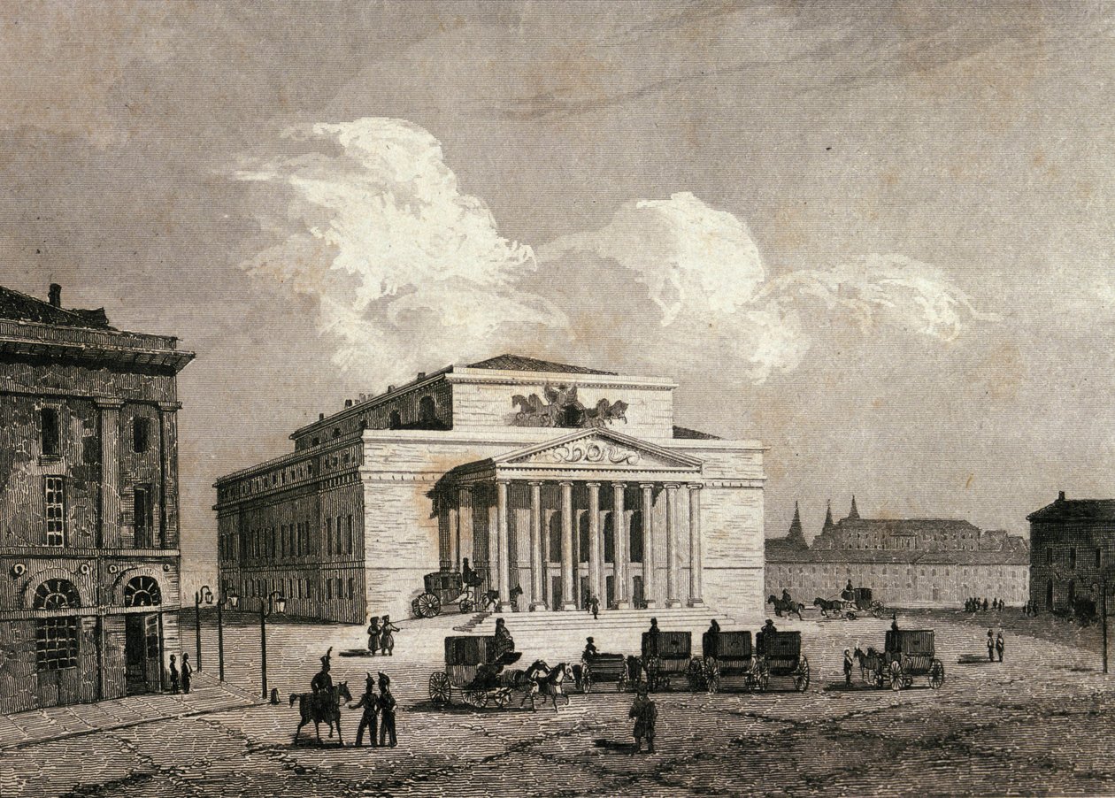 Näkymä Bolchoi-teatterista Moskovassa, Venäjällä vuonna 1838 Kaiverrus 1800-luvulta tekijältä Unknown artist